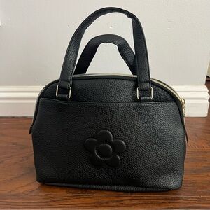 Black Leather Handbag with Floral Design